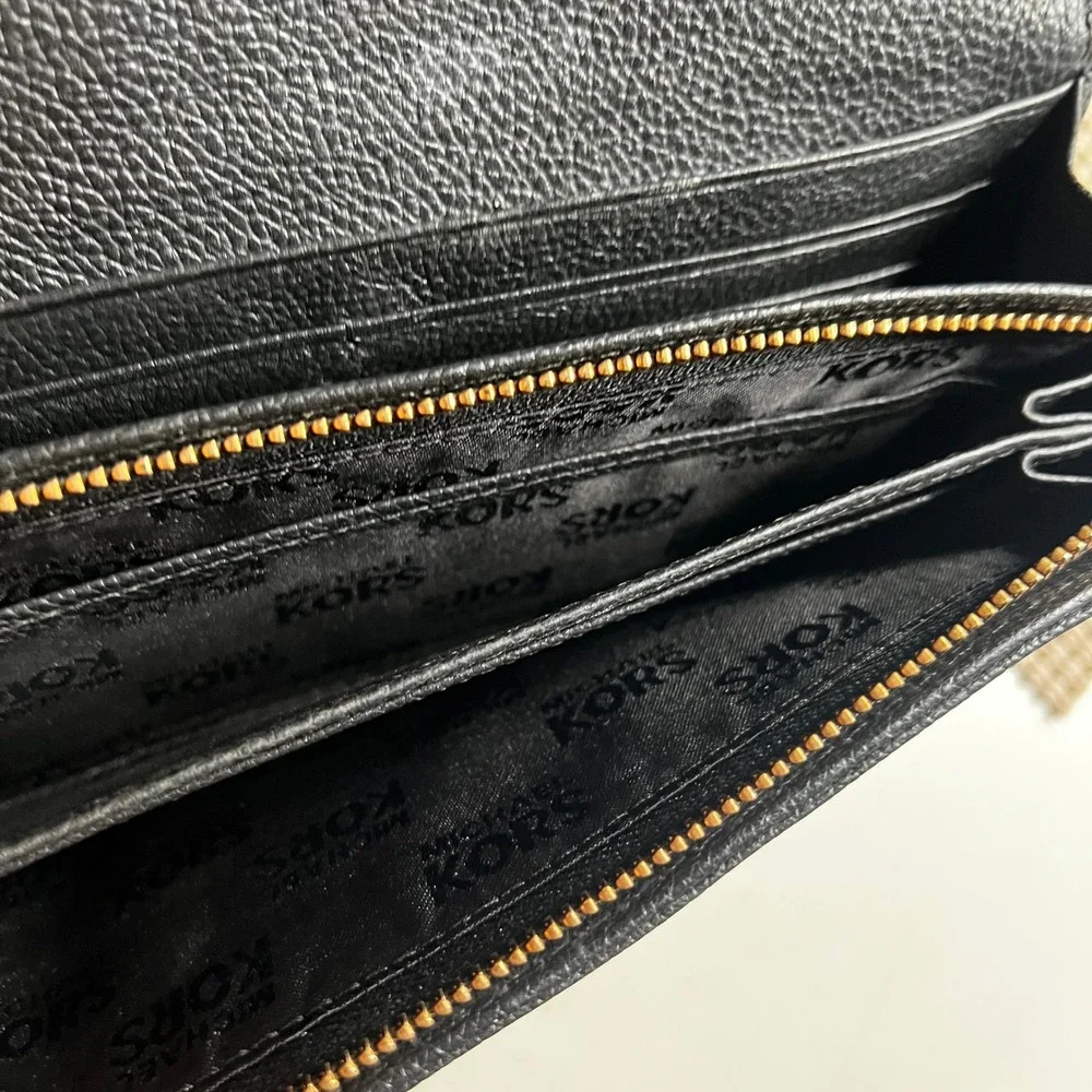 Michael Kors Fulton Black Pebbled Leather Continental Flap Wallet Gold Logo